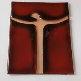 Vintage red and gold enamel wall cross on copper, Atelier Chehab