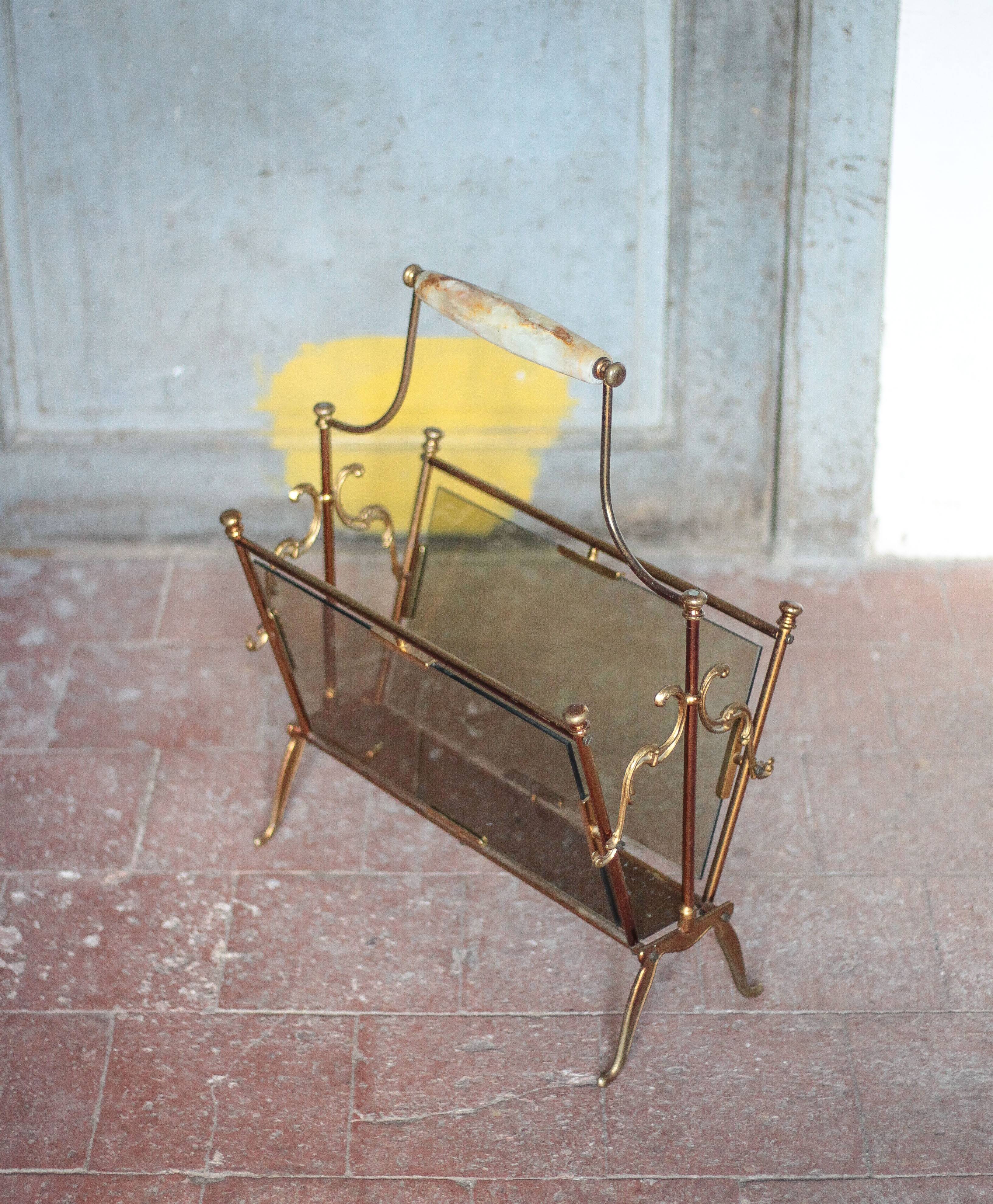 vintage magazine rack, brass and smoked glass magazine rack, newspaper, magazine