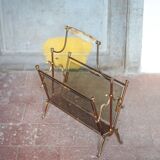 vintage magazine rack, brass and smoked glass magazine rack, newspaper, magazine