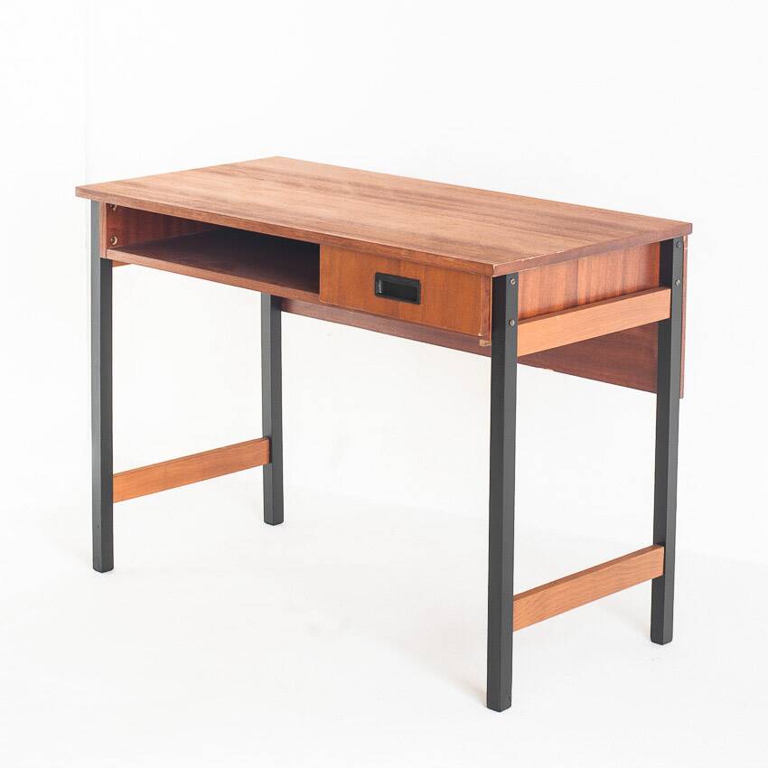 Vintage one-drawer desk. Mahogany veneer and solid beech. France, 1960s