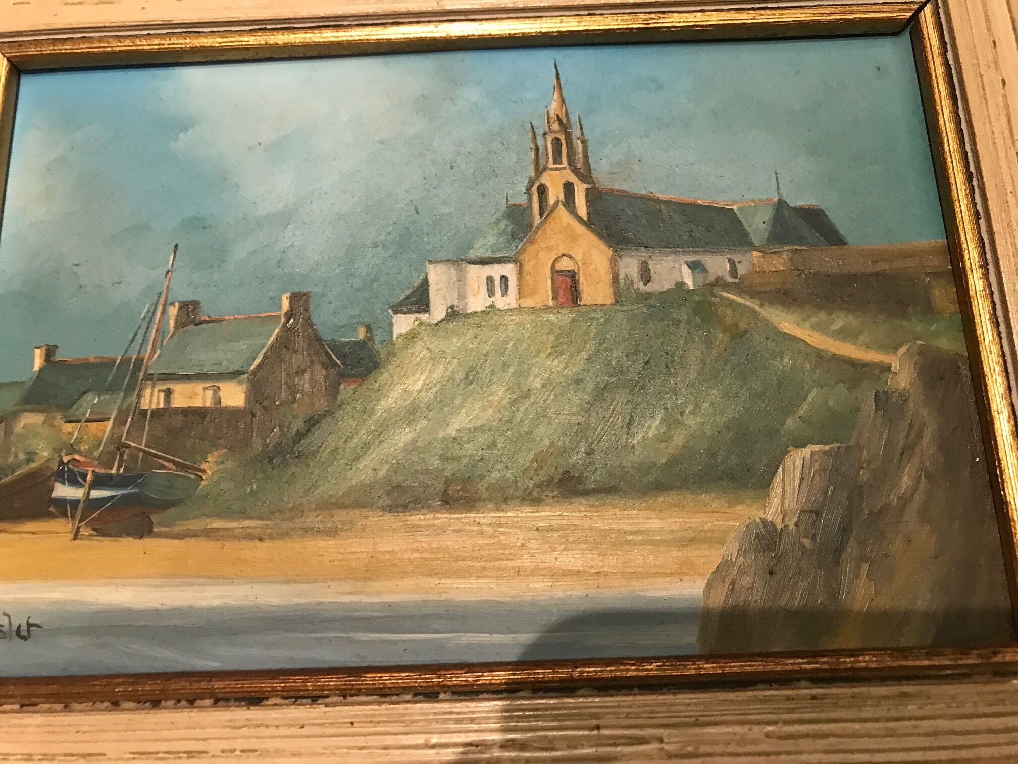 Oil painting marine style chapel of poulgoazec signed lislet