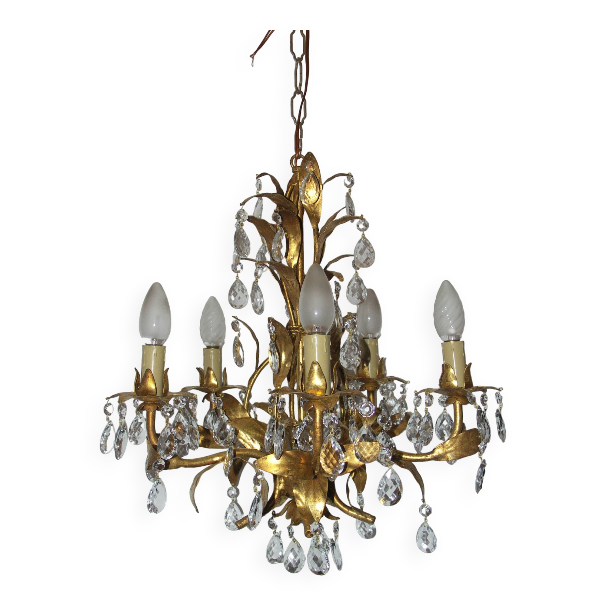 Very pretty chandelier with tassels and leaves in gold sheet metal.