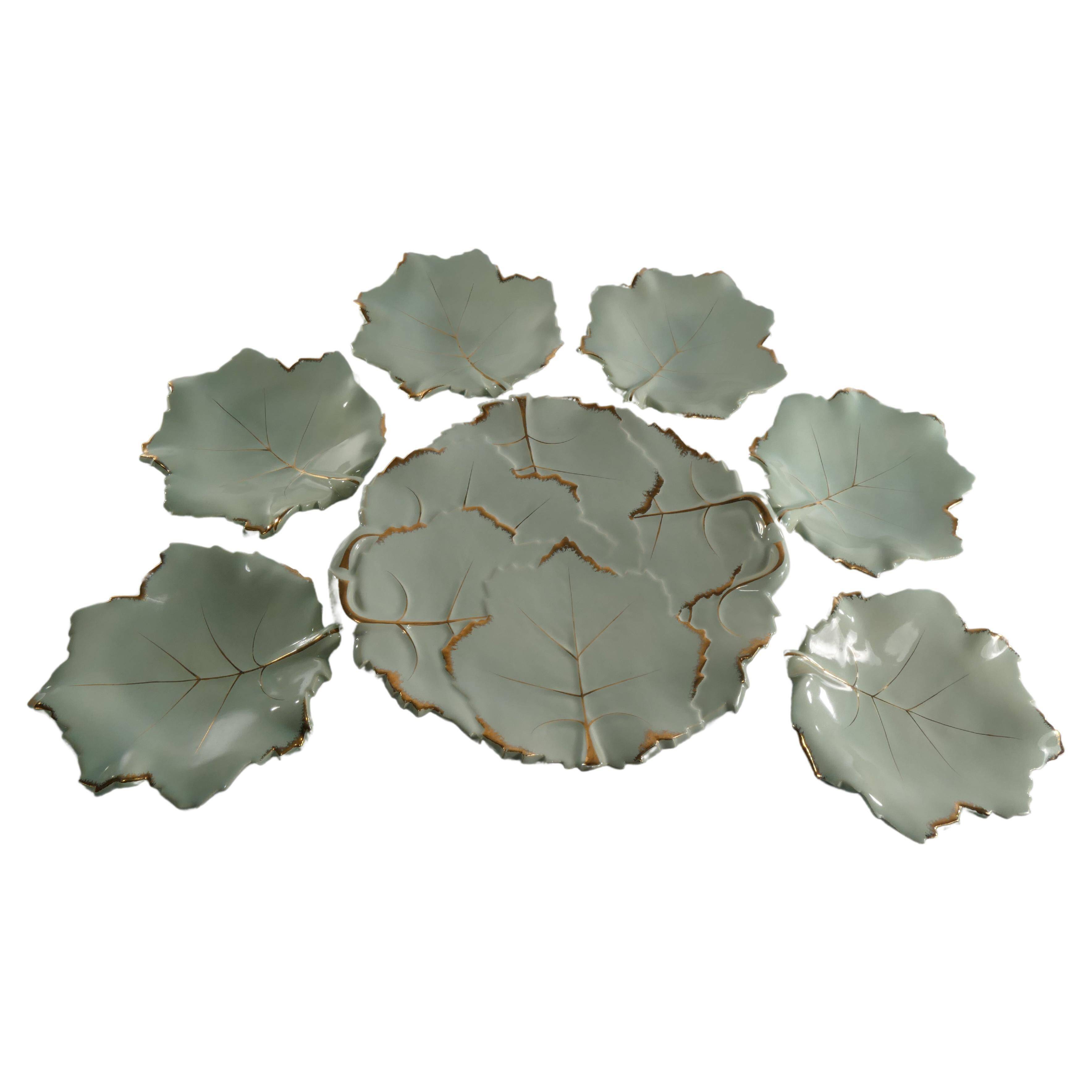 Art Deco Pistachio and Gold Leaf Plates Viloca Paris Caffarelli