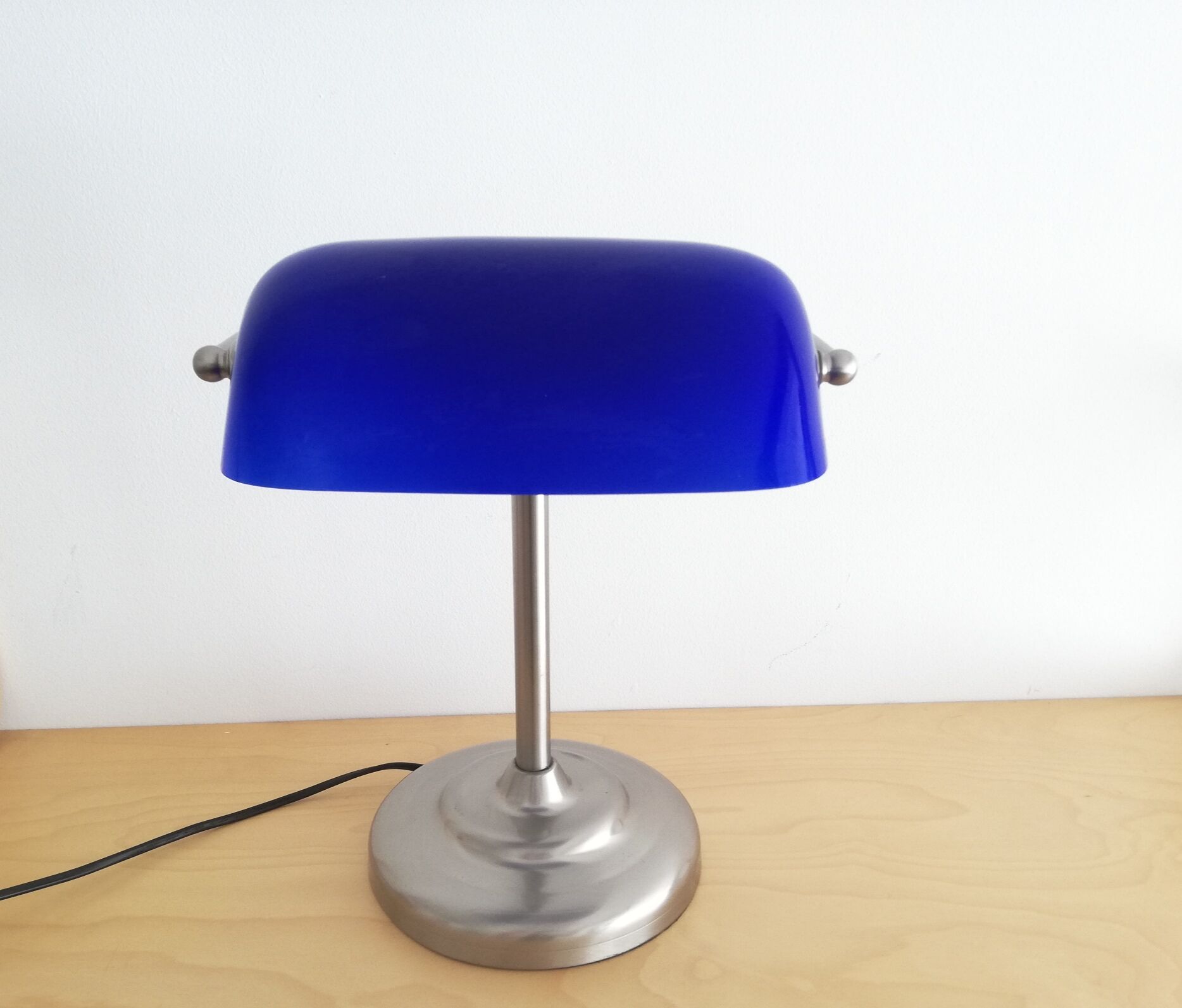 Blue glass and brass bankers lamp