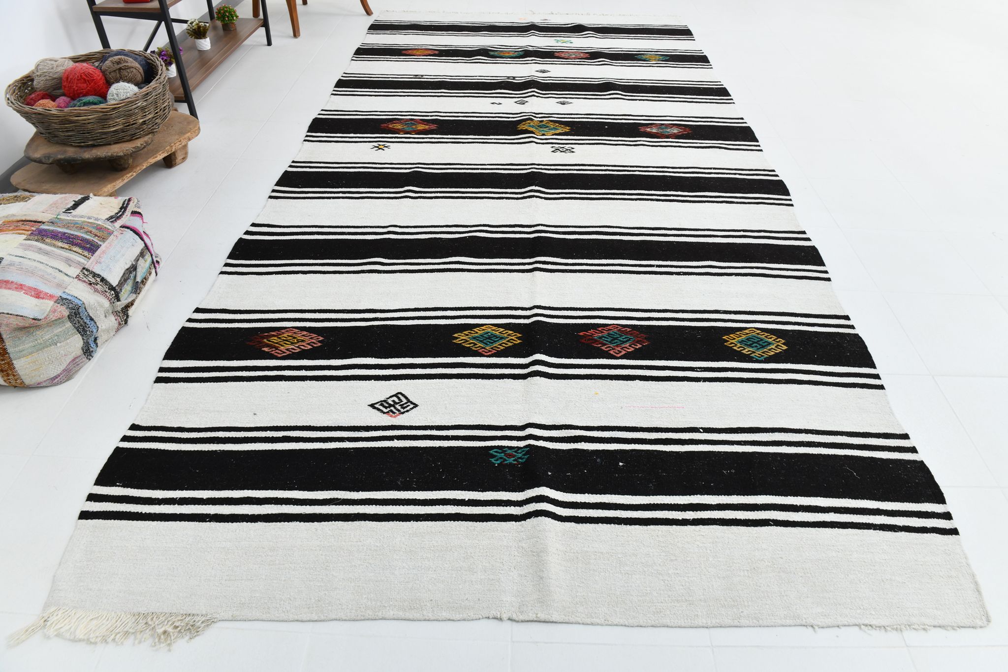 Tapis de chanvre blanc et noir 6x13, 202x404cm