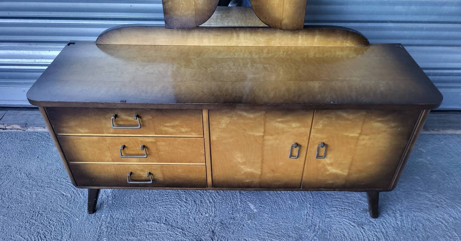 Vintage Scandinavian style dressing table, chest of drawers, triptych mirror and bedside table