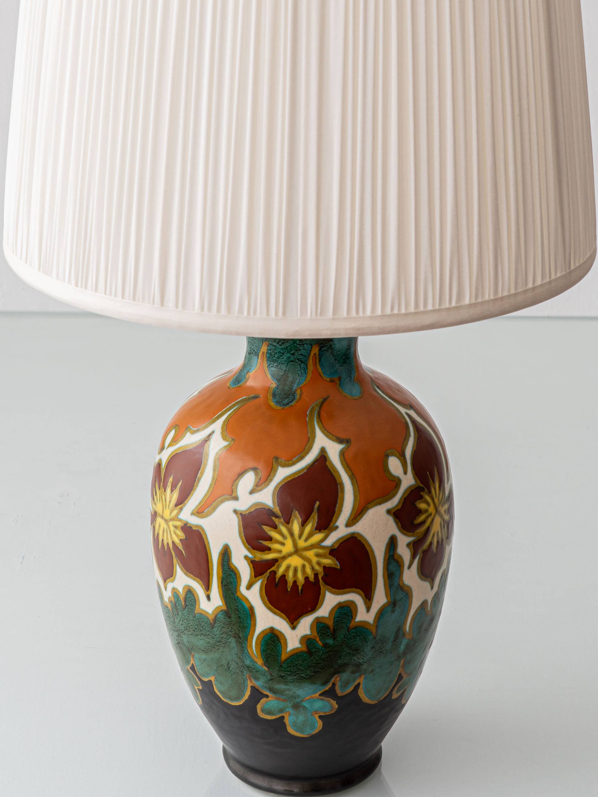 Gouda Pottery Table Lamps, Pair, Dutch Art Deco Floral, New Silk Shades