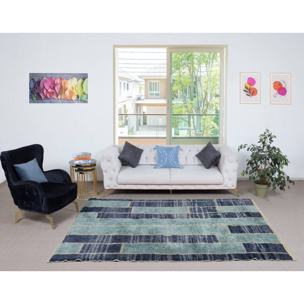 Contemporary Hand-Knotted Tulu Rug in Blue Tones, 100% Wool, Custom Options Available