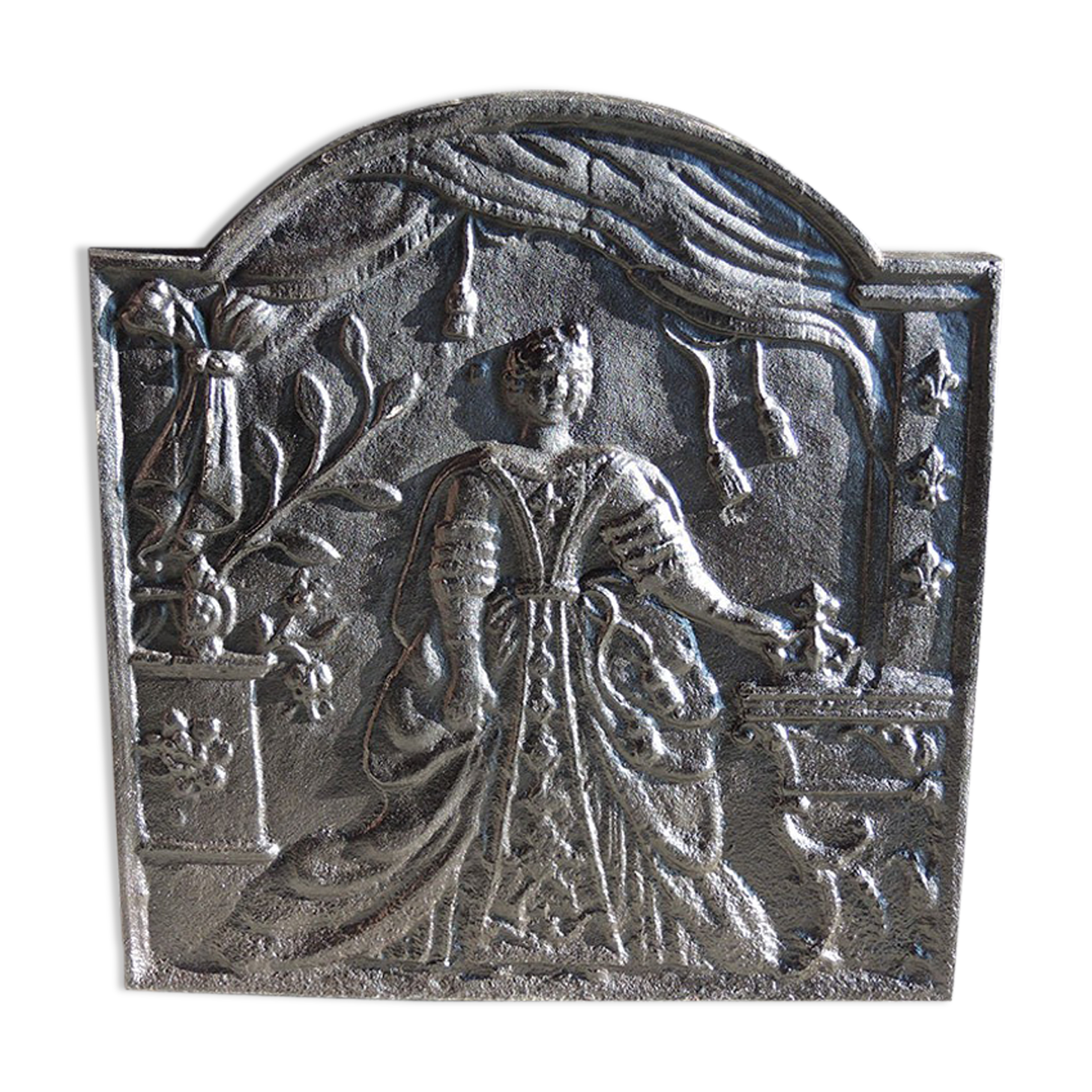 Old Cast Iron Fireplace Plate Decoration "Marie-Stuart"
