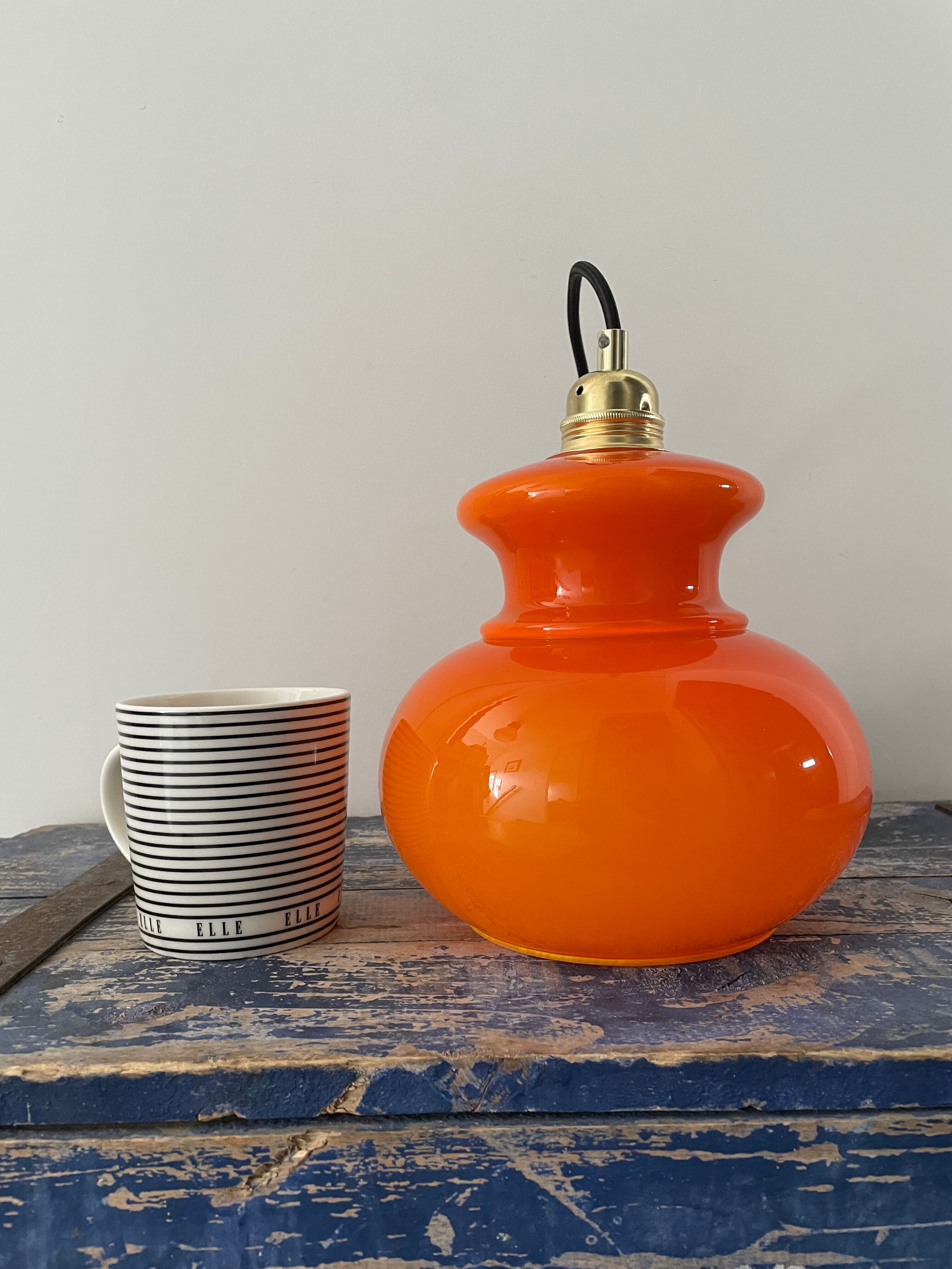 Vintage pendant lamp in electrified orange opaline to nine