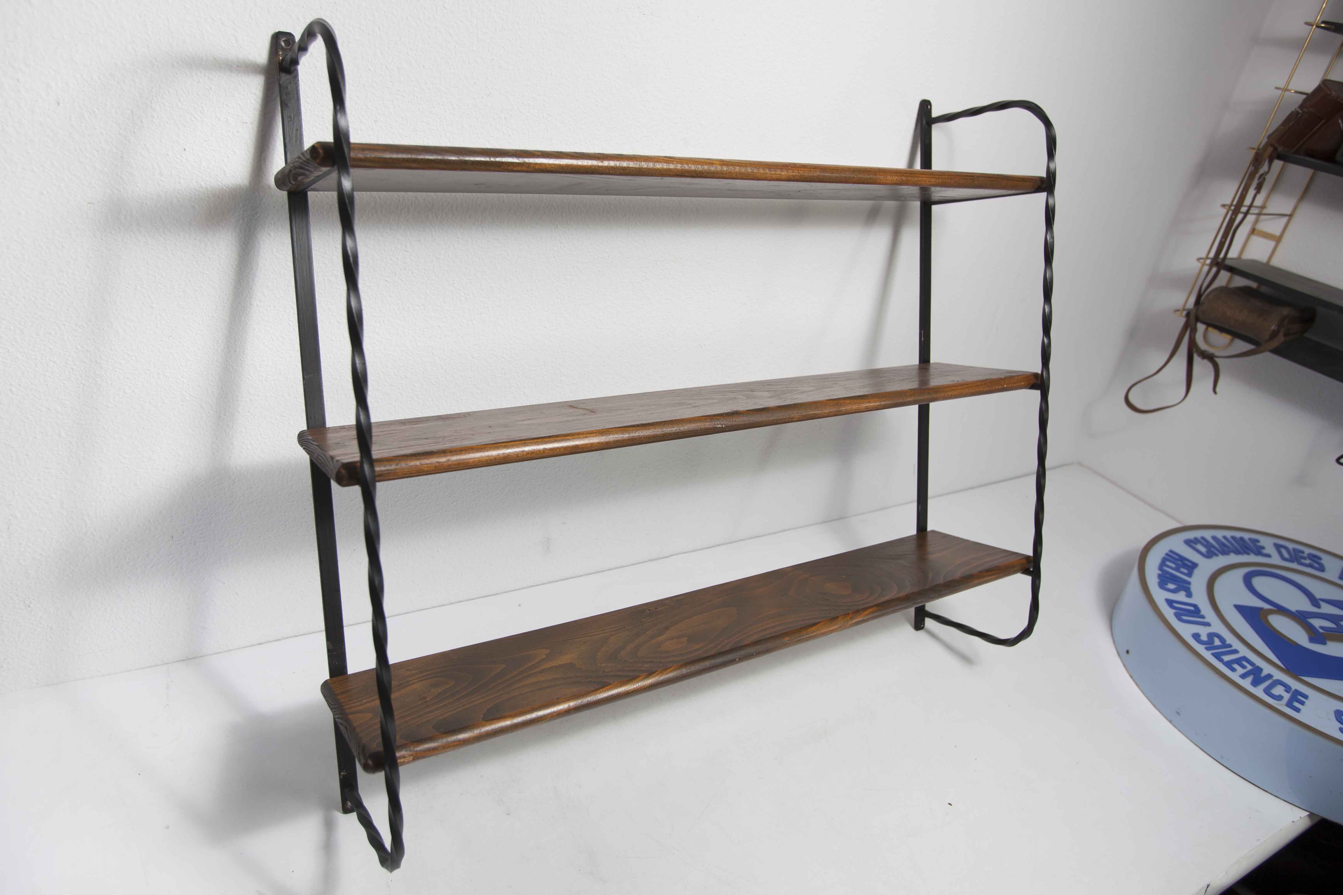 Wall shelf string 1960 3 solid wood tops black and brown