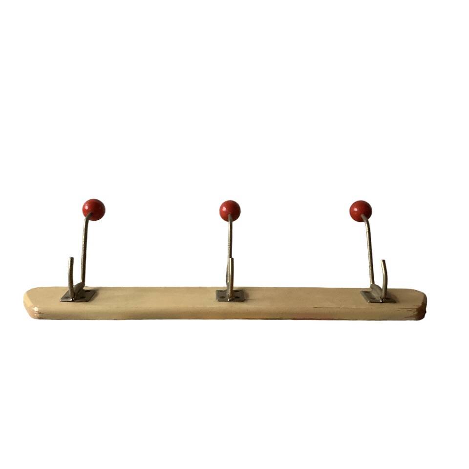 Vintage wooden wall coat rack - triple coat hook with red balls