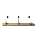 Vintage wooden wall coat rack - triple coat hook with red balls