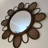 Miroir fleur vintage en rotin et cannage années 60/70