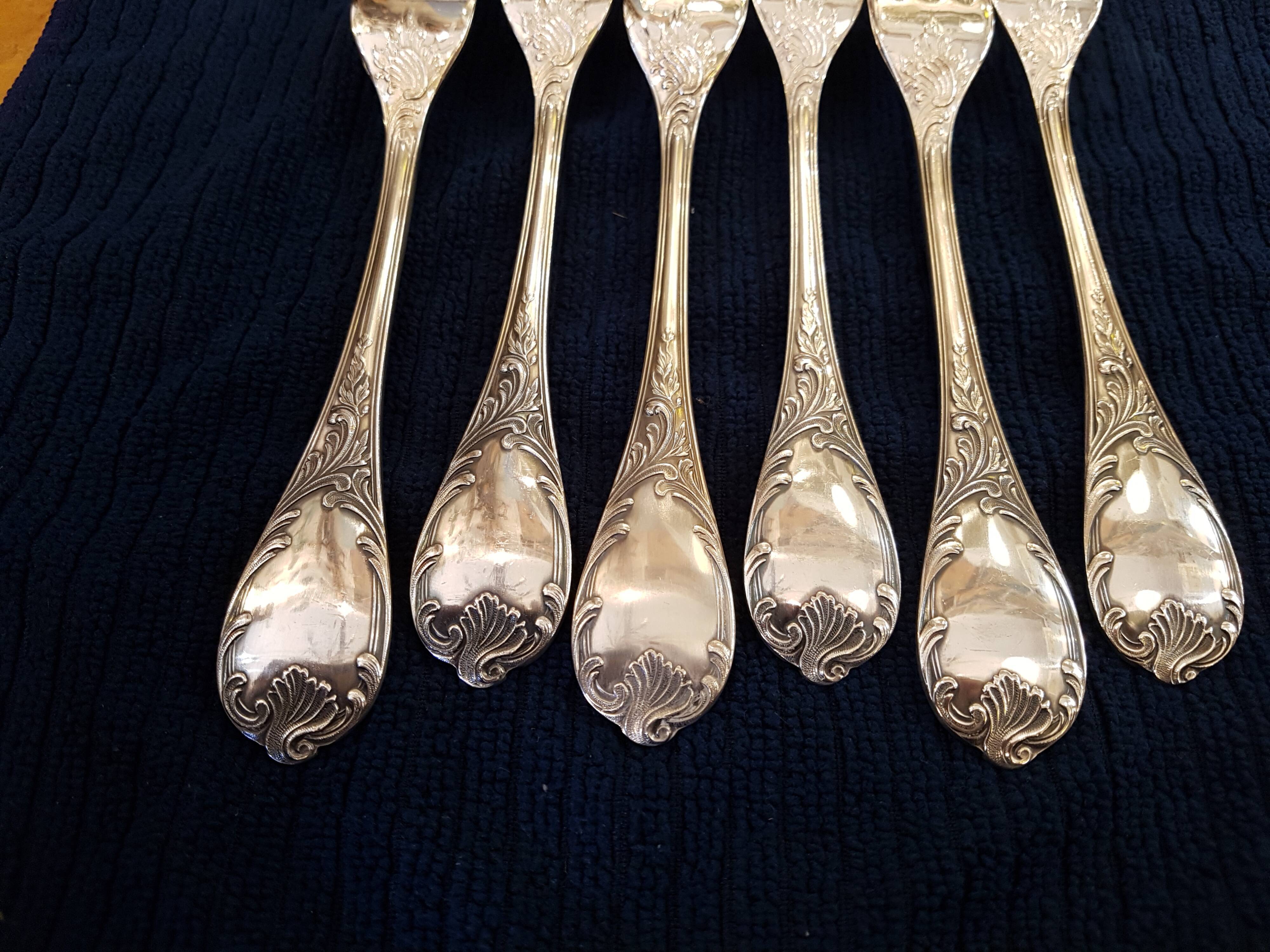 6 silver metal forks, Model Marly, by Christofle.