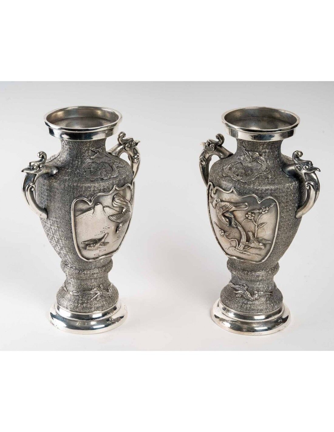 Pair of Silver Metal Vases, Asia