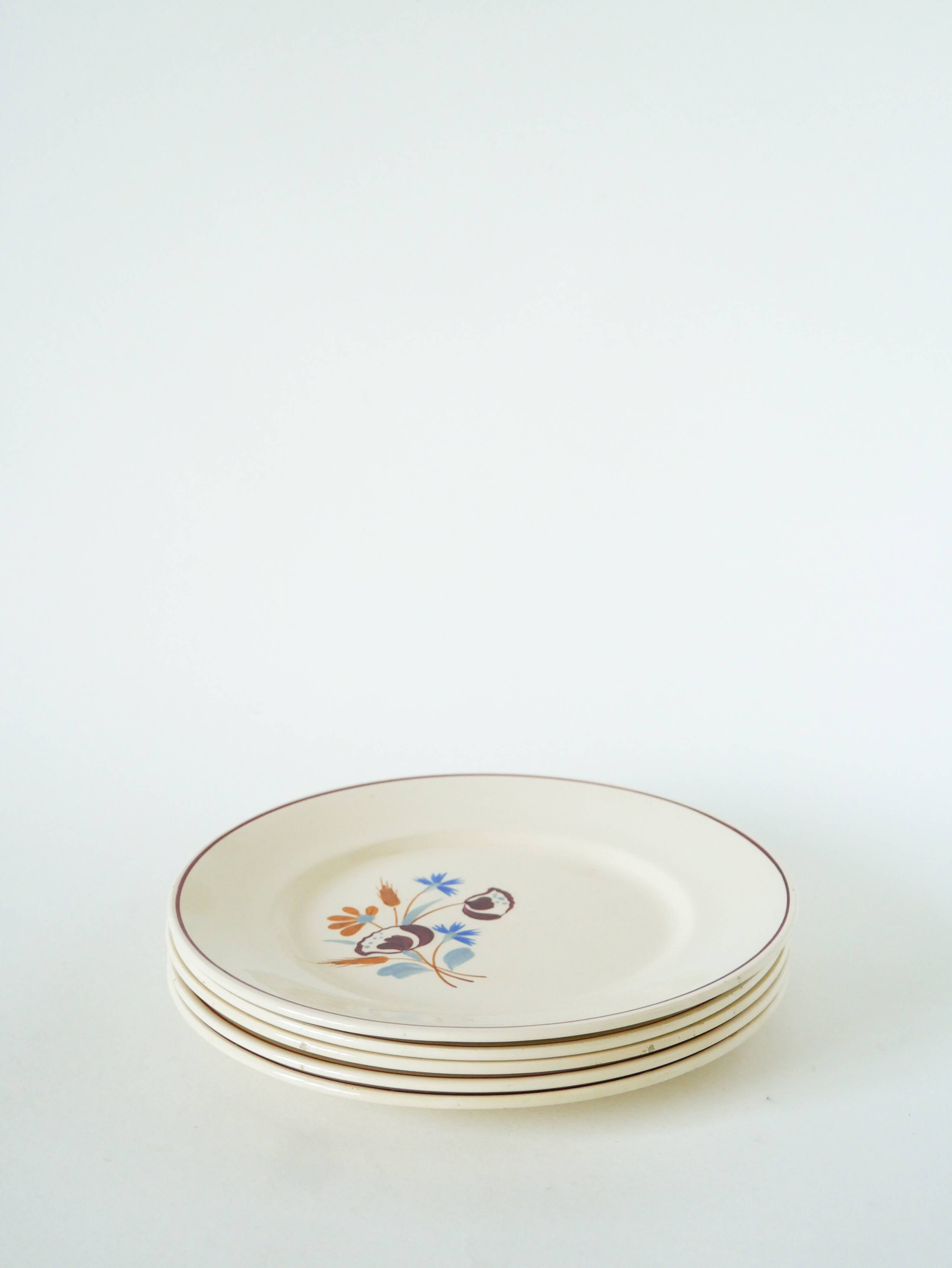 Set of 5 dessert plates Salins, hand-painted flower patterns, 1950.