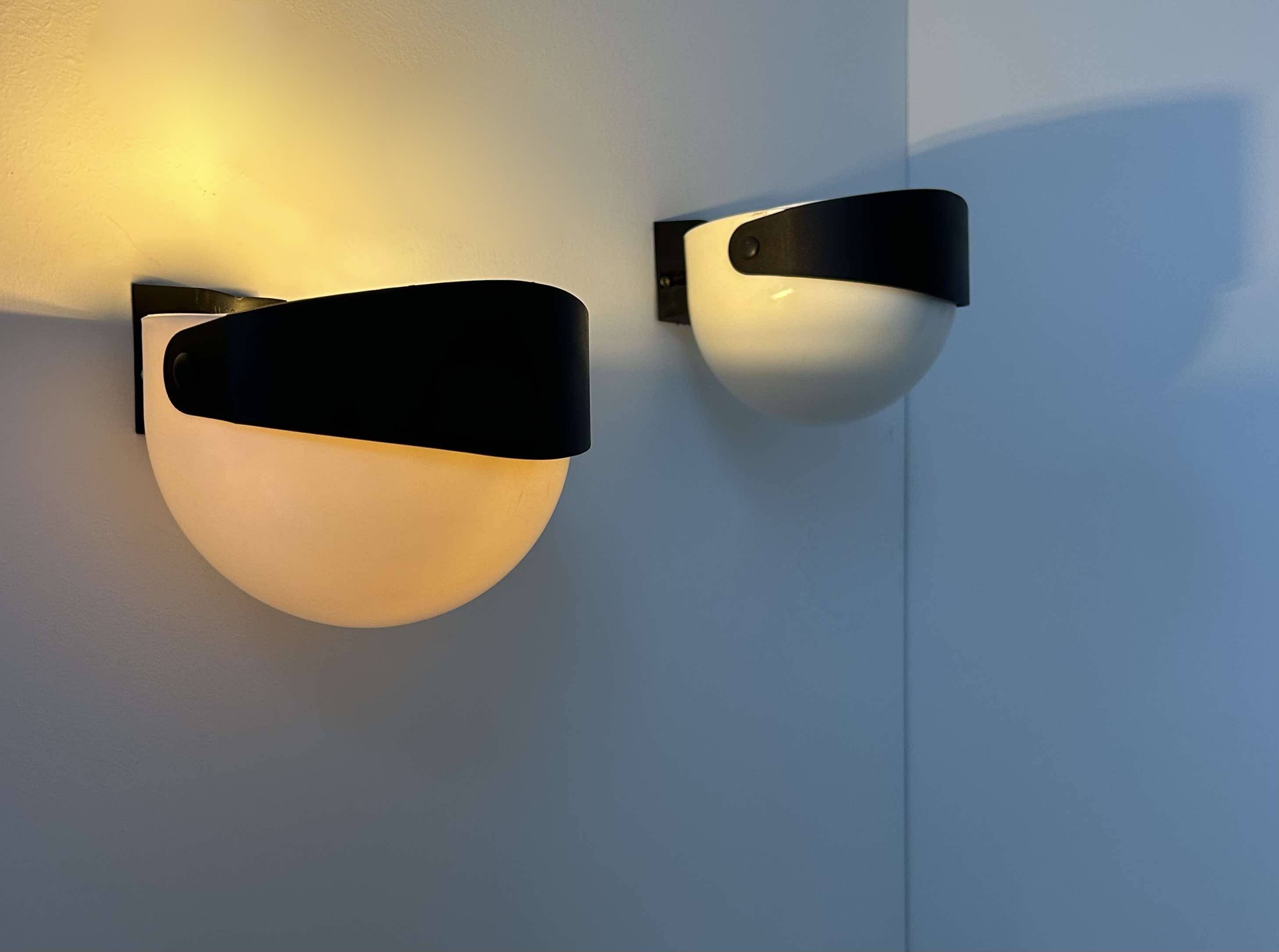 Pair of vintage wall lights, white and black Perspex, Sweden 1970
