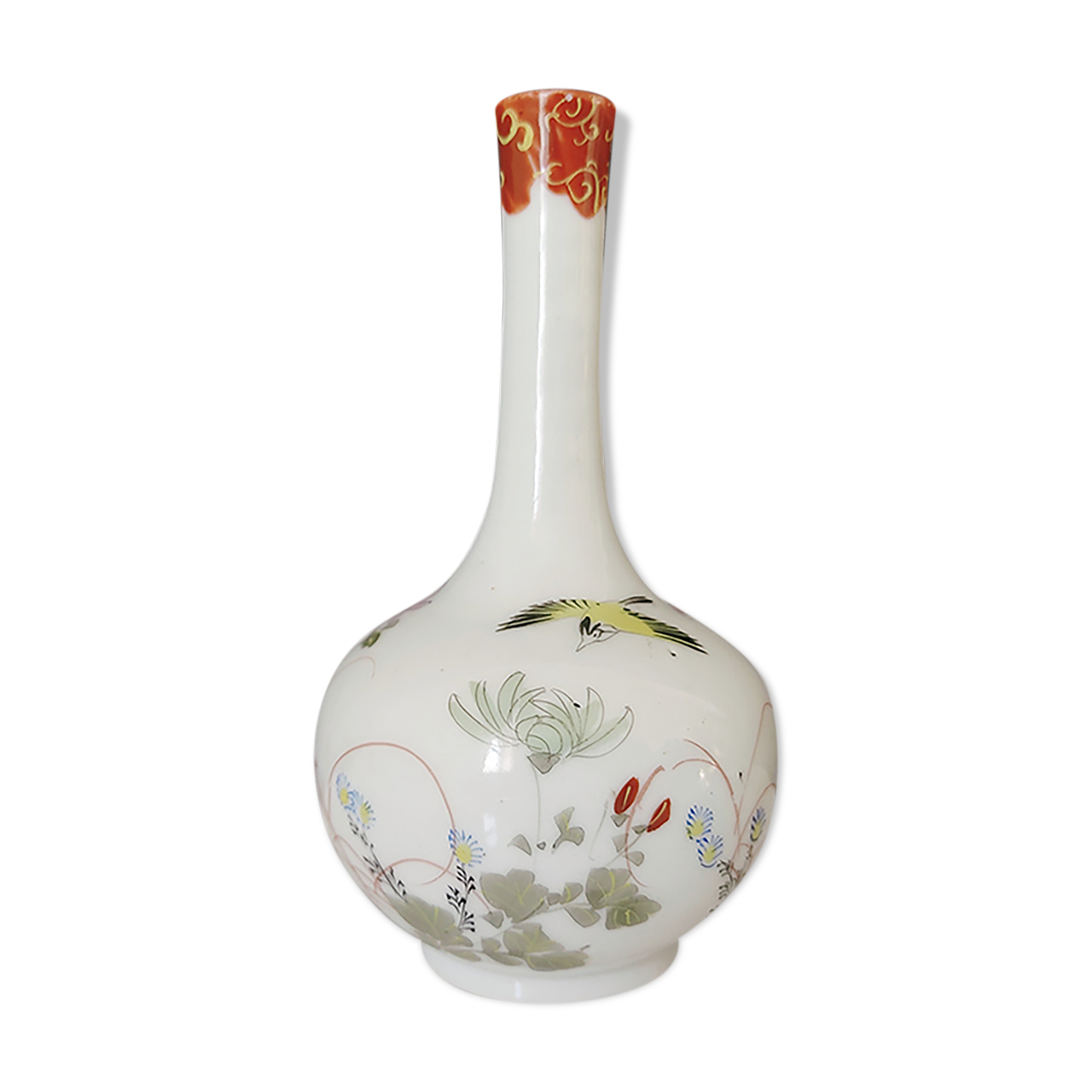 Vase soliflore Japanese porcelain decoration flowers and hand-painted bird