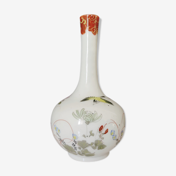 Vase soliflore porcelaine japonaise décor fleurs et oiseau peint à la main