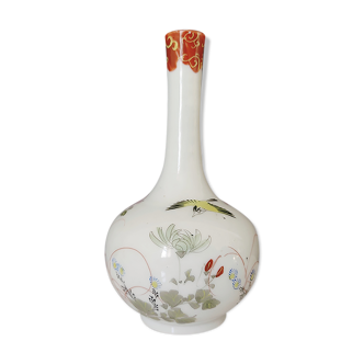 Vase soliflore porcelaine japonaise décor fleurs et oiseau peint à la main