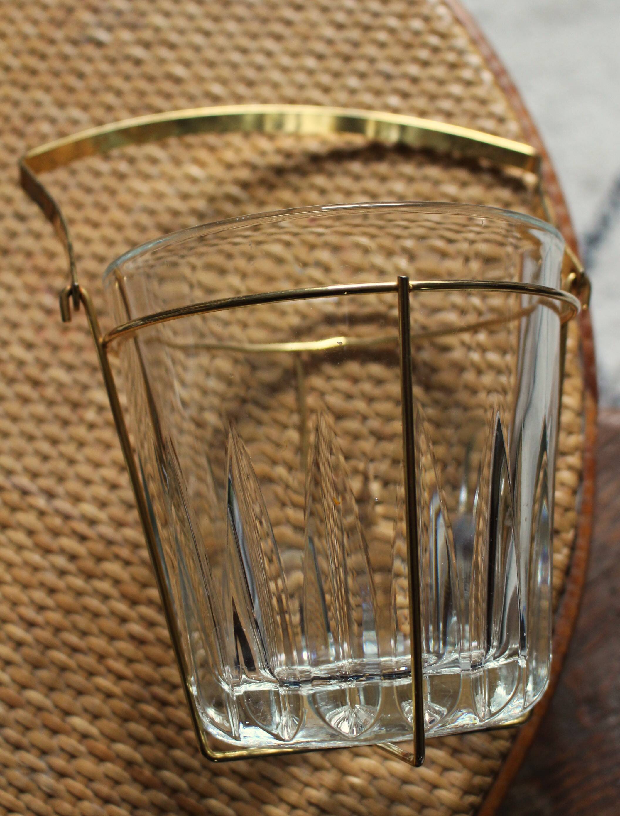 Glass ice bucket in vintage gold metal frame