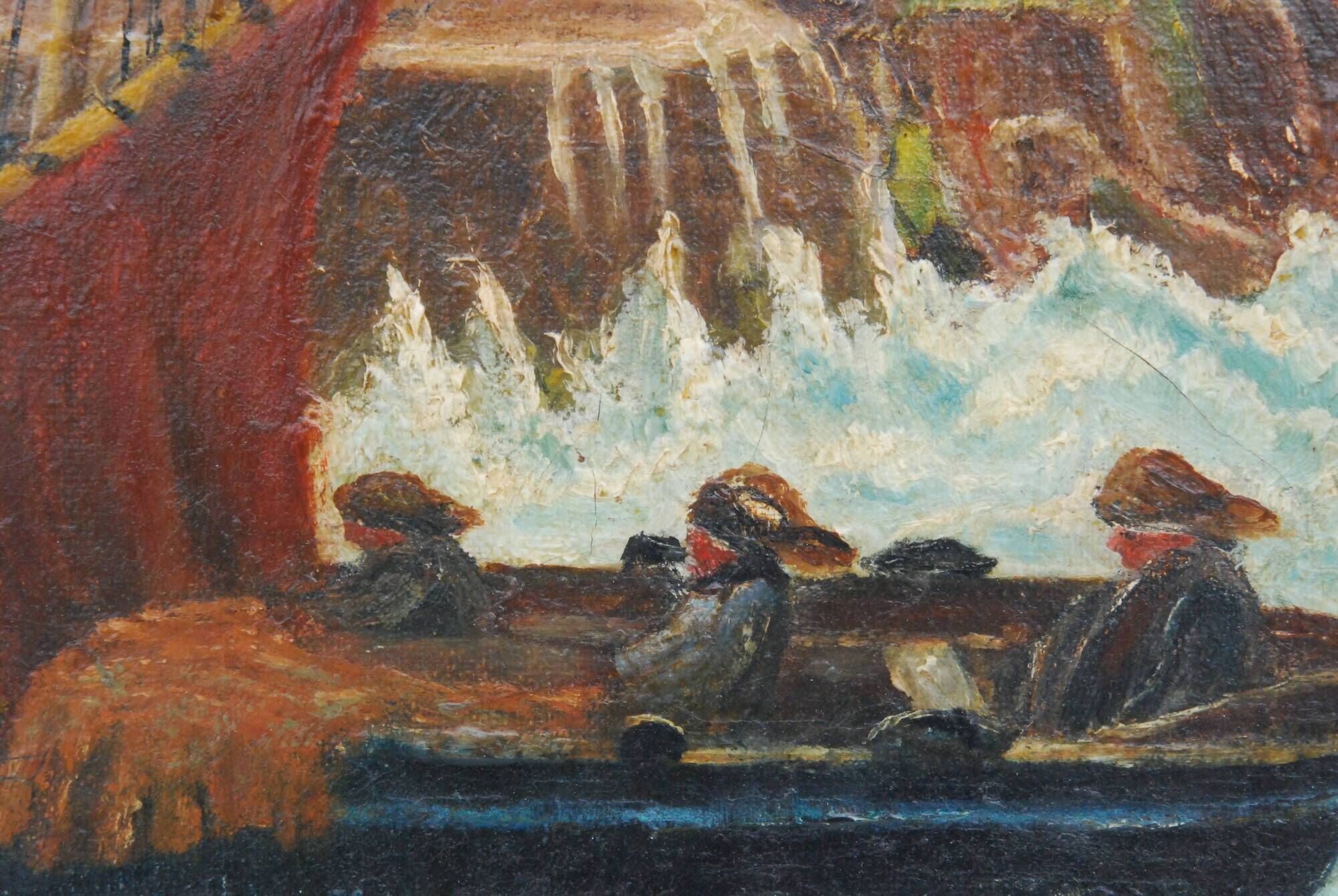 Old painting seaside view boats and fishermen