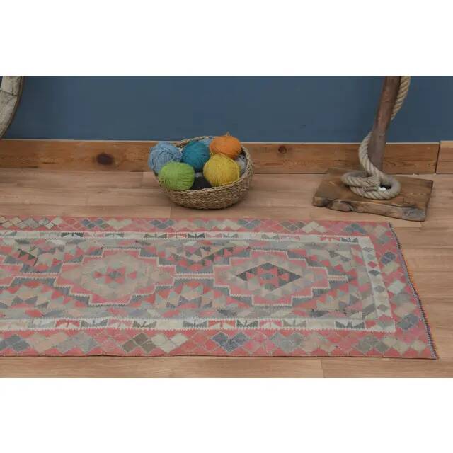 1970s Vintage Turkish Handmade Wool & Cotton Pink Runner Rug