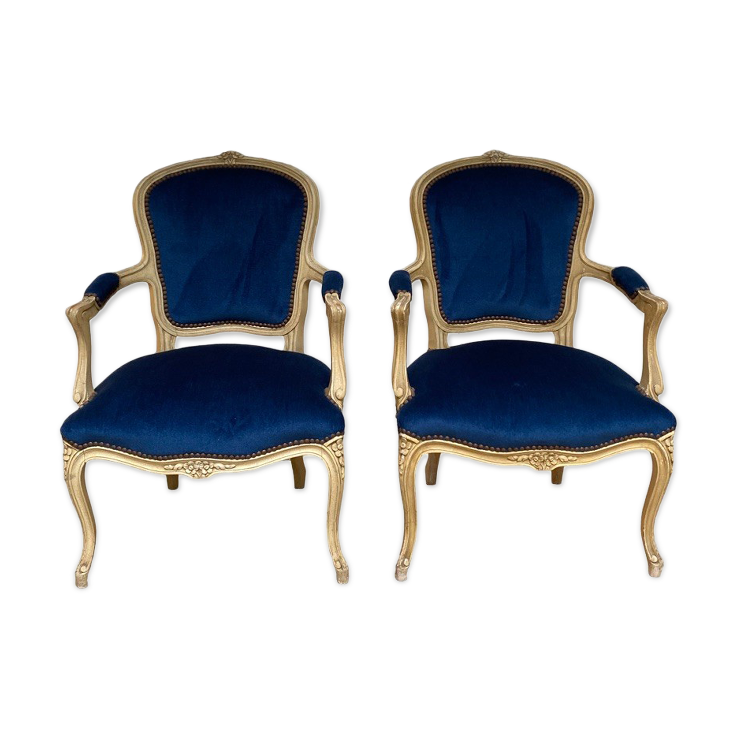 Pair of Louis XV style armchairs in blue velvet