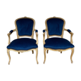 Pair of Louis XV style armchairs in blue velvet