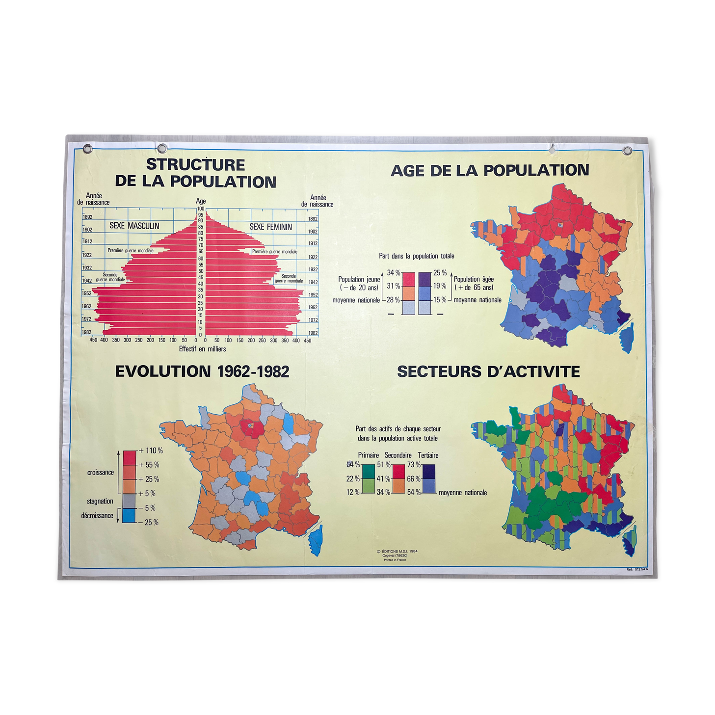 Vintage school map of France, mid-year 1984