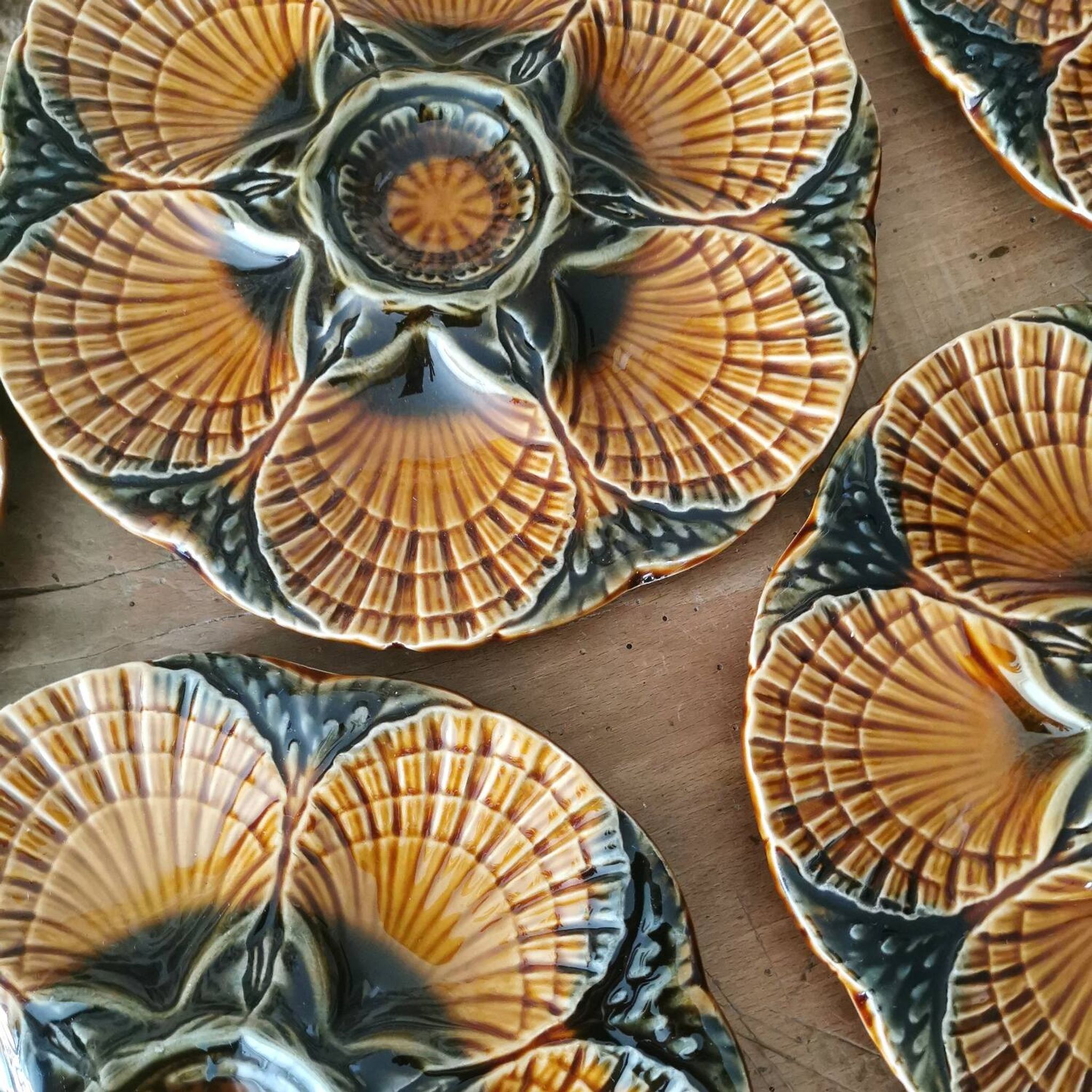 6 Oyster Plates, Seafood in Barbotine, Sarreguemines