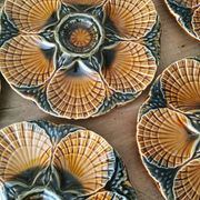 6 Oyster Plates, Seafood in Barbotine, Sarreguemines