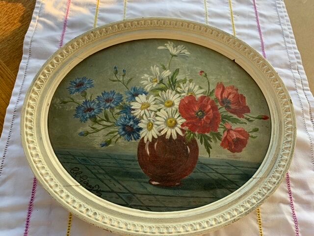 Tableau ancien bouquet de fleurs anémones encadré et signé Ch. Girardin