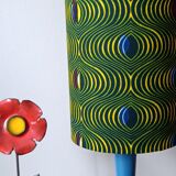 solid wood Scandinavian base lamp, hypnotic printed lampshade