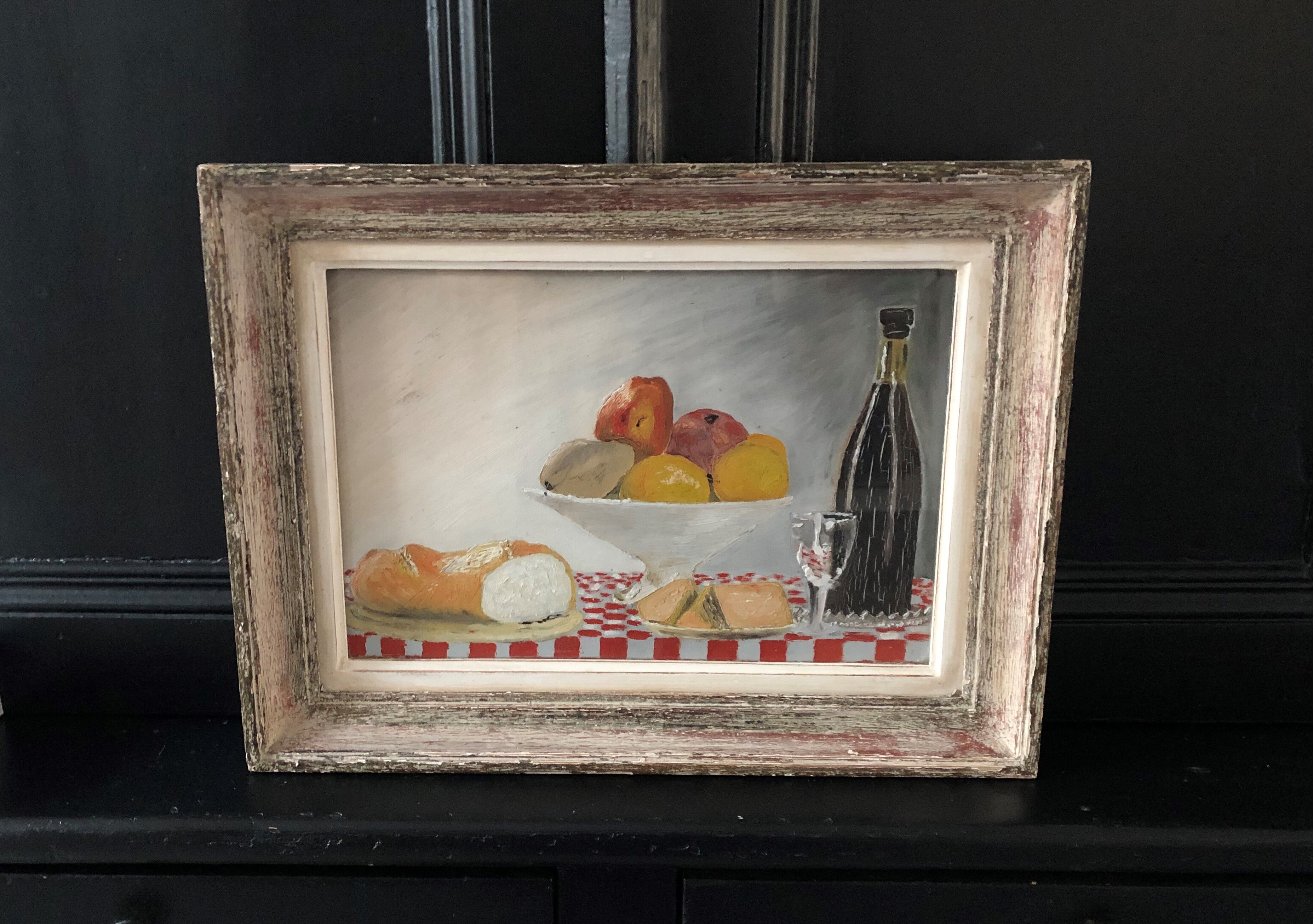 Old painting oil painting still life bread fruit cup cheese glass bottle champagne