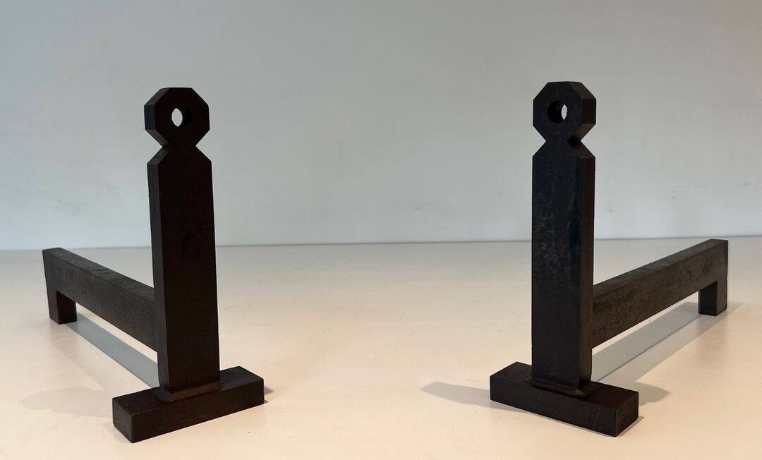 Pair of Minimalist Modernist Wrought Iron Chenets with Torch Holders in Nut Design