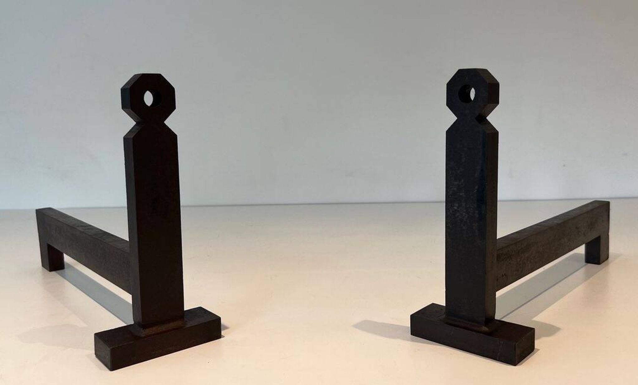 Pair of Minimalist Modernist Wrought Iron Chenets with Torch Holders in Nut Design