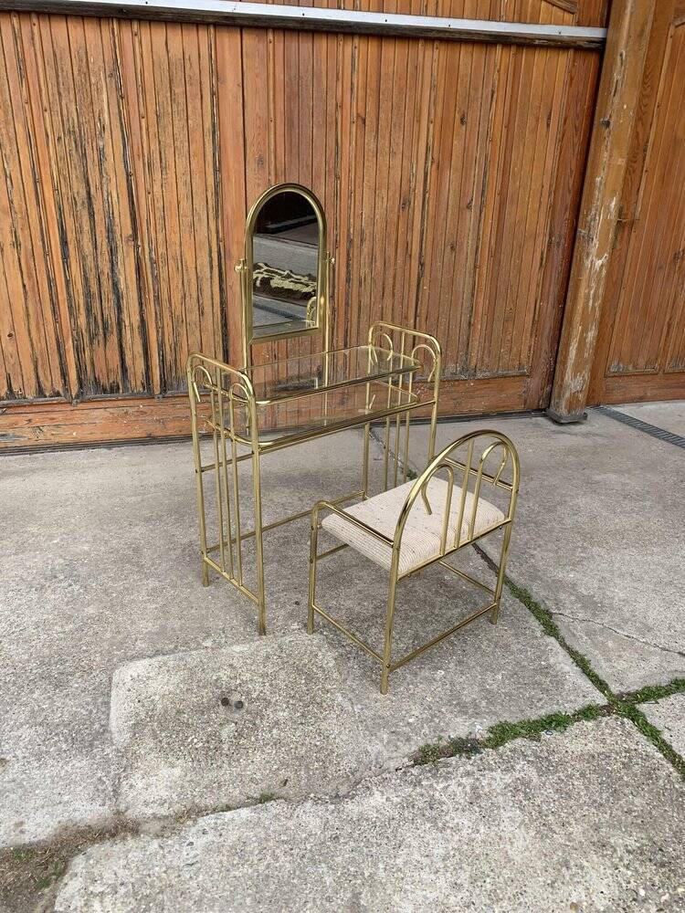 Vintage brass and glass dressing table with matching beige stool - set of 2 (1950s)