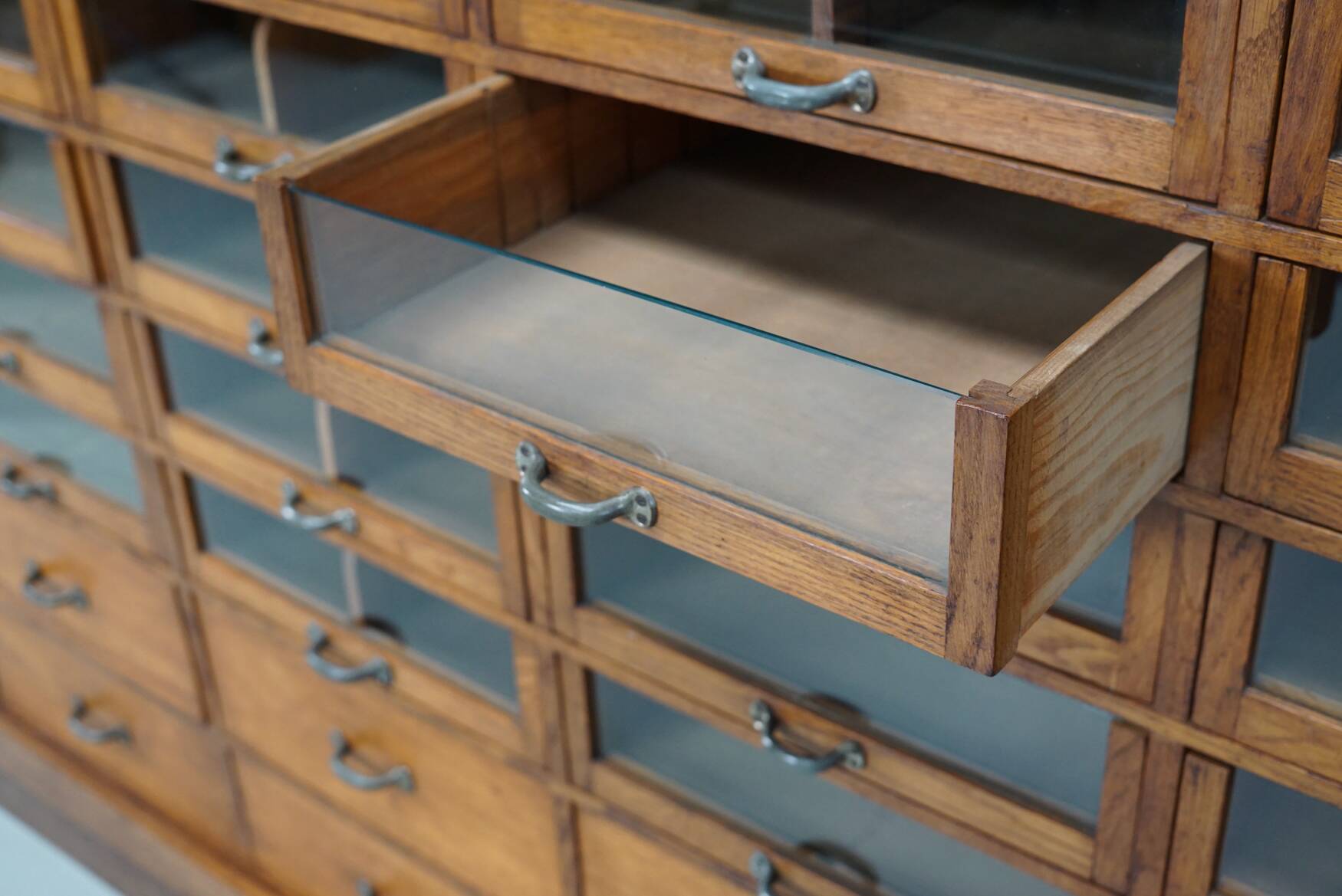 Large vintage German oak haberdashery shop cabinet, 1940s