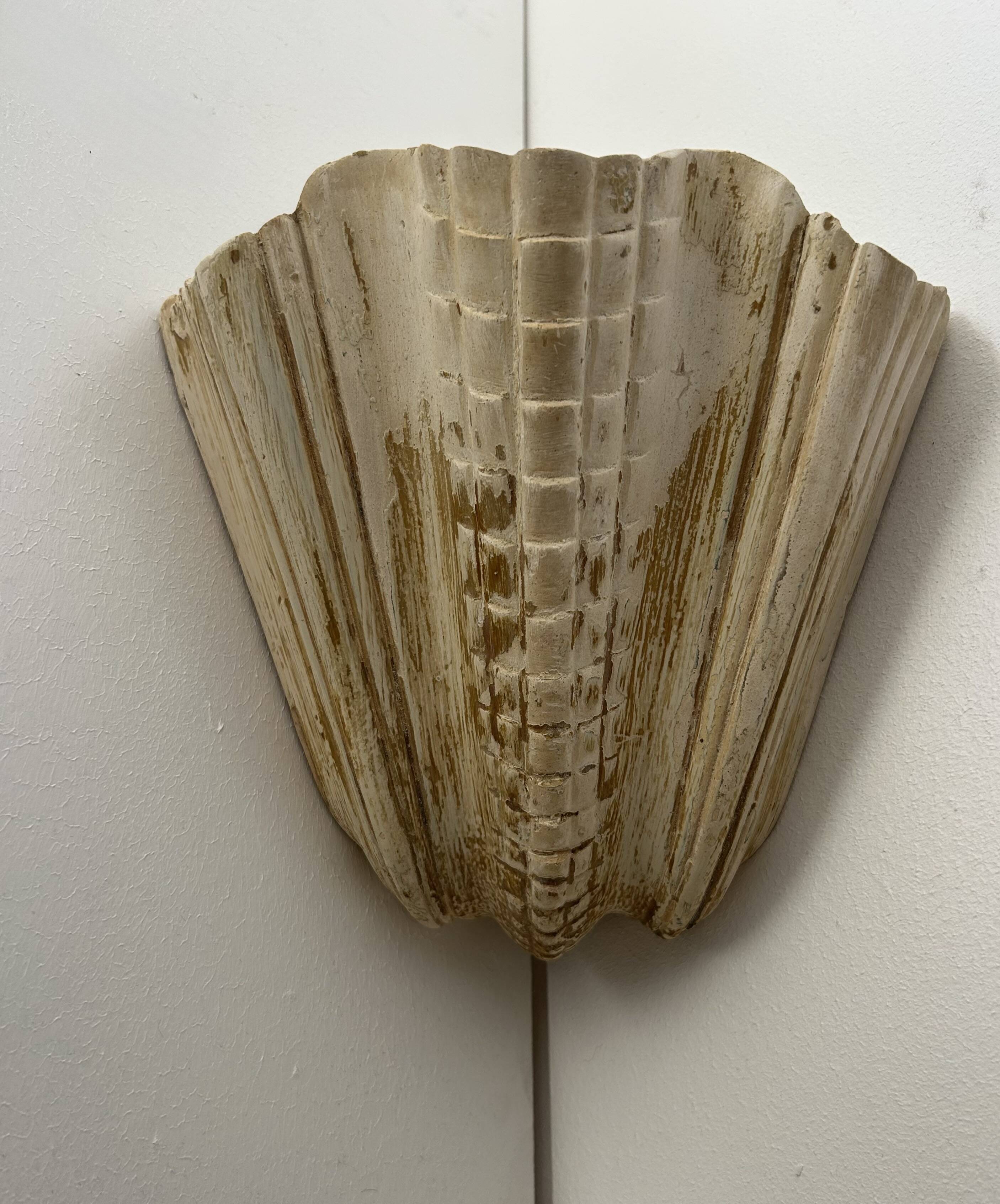 Pair of vintage shell wall lights, beige patinated plaster, France, 1940