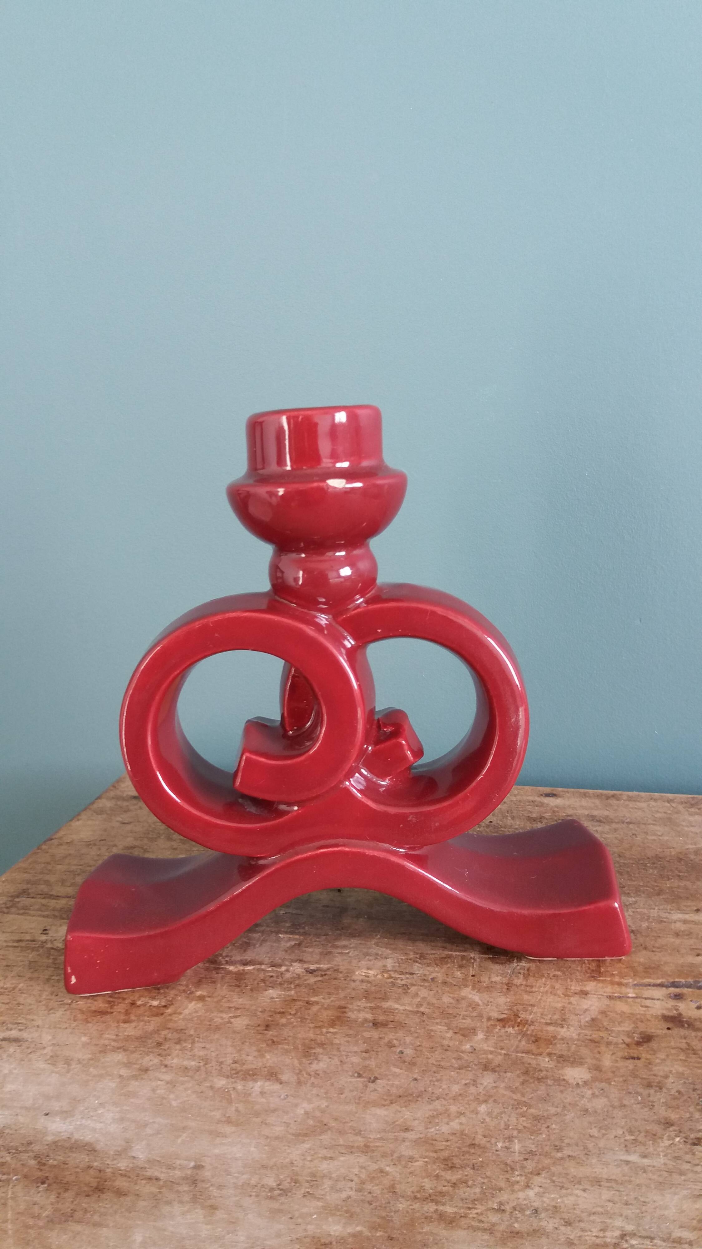 Art Deco ceramic candlestick, burgundy