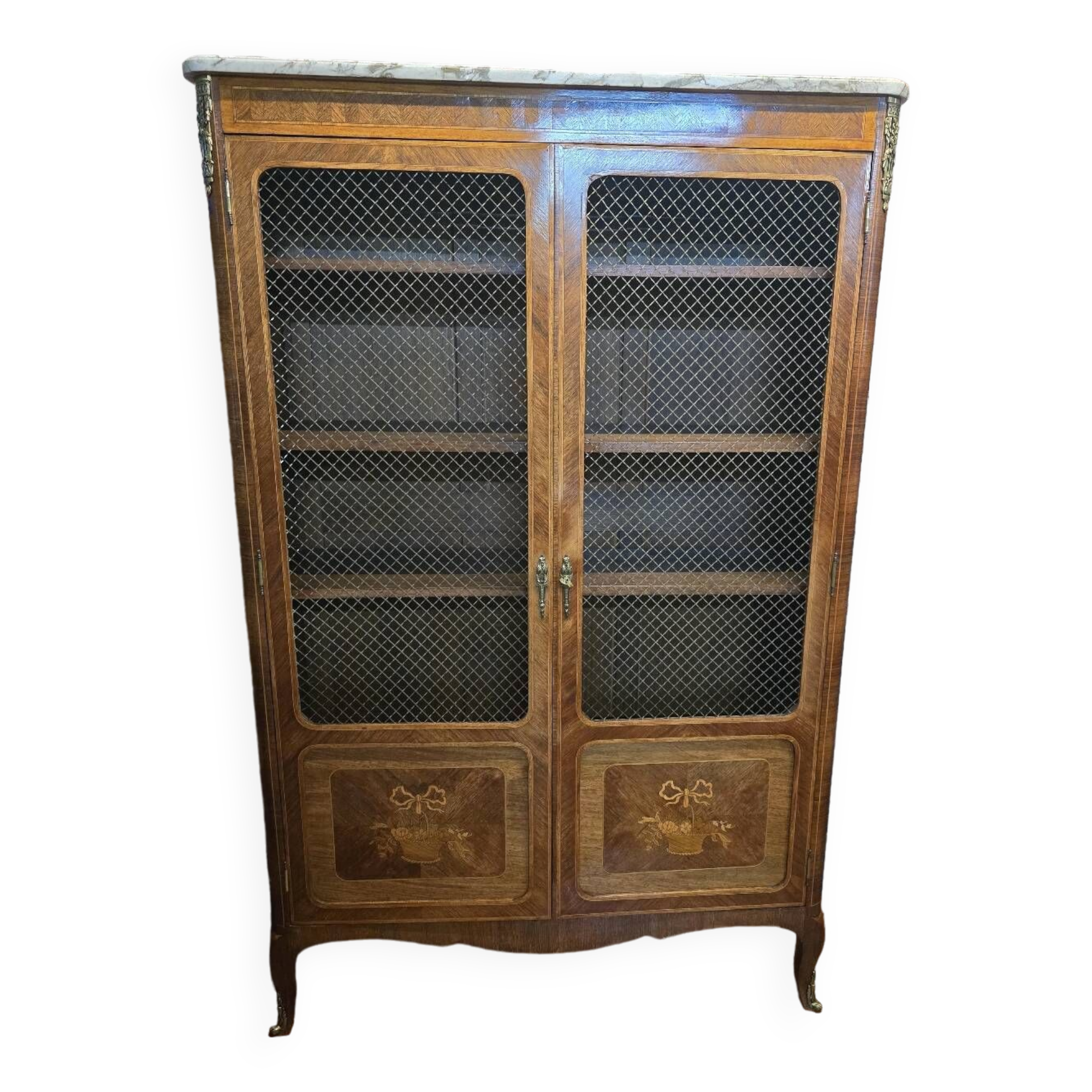 Marquetry bookcase with marble top