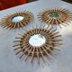 3 Small Vintage Rattan Sun Mirrors