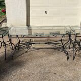 Glass and iron table with two side tables and 8 chairs
