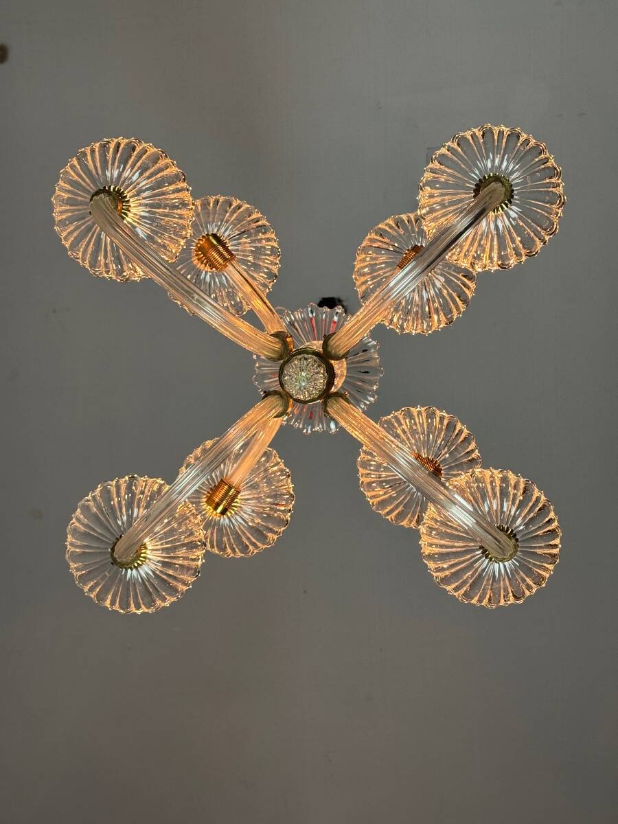 Venetian Chandelier in Colorless Murano Glass and Brass Circa 1950