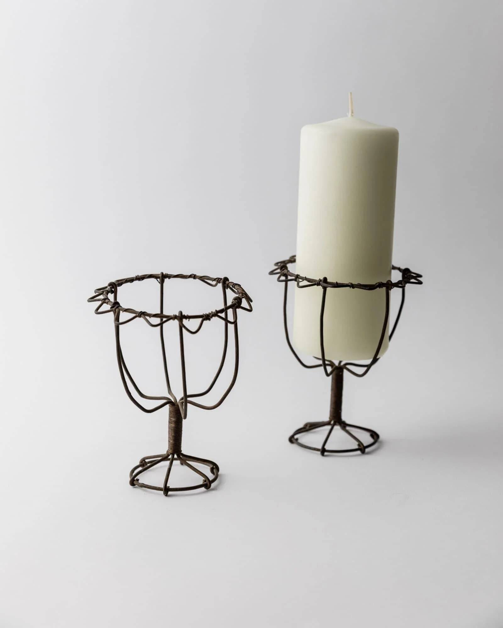 Lot of 2 antique wire candlesticks, 1850s.