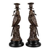 Pair of patinated bronze candlesticks with parrots on black bases – Napoleon III style / 19th century