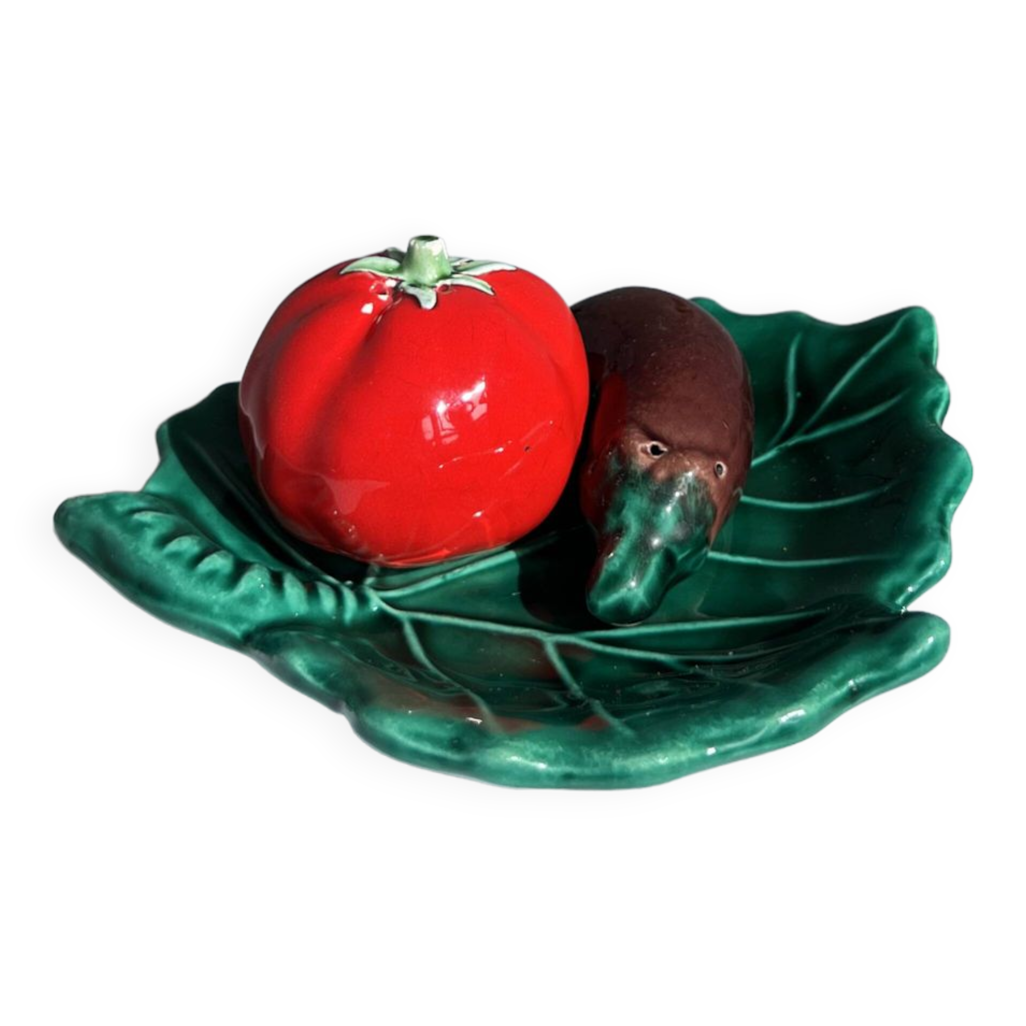 Vintage salt and pepper shaker colorful hand painted slip - Vegetables and leaf holder
