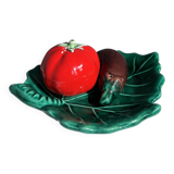 Vintage salt and pepper shaker colorful hand painted slip - Vegetables and leaf holder